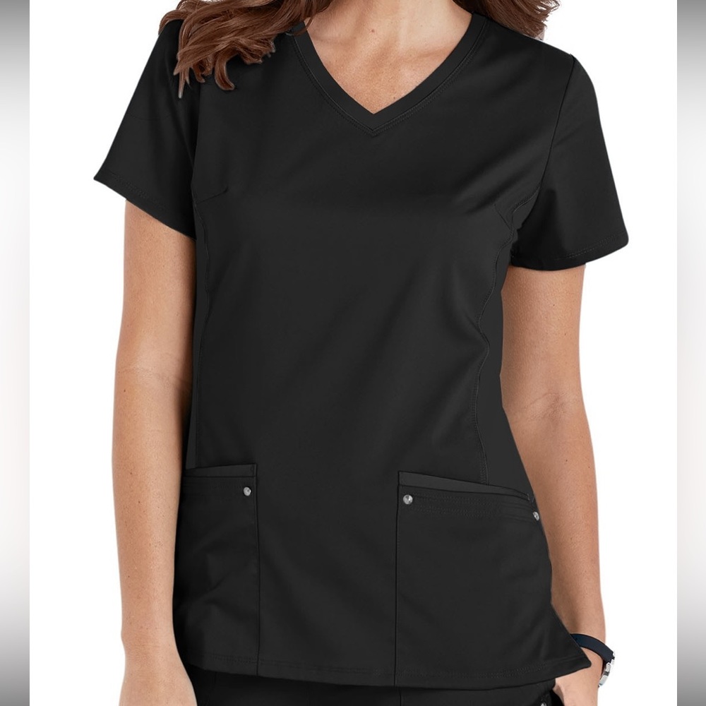 Healing Hands Purple Label Juliet V-Neck Knit Panel Scrub Top in Black